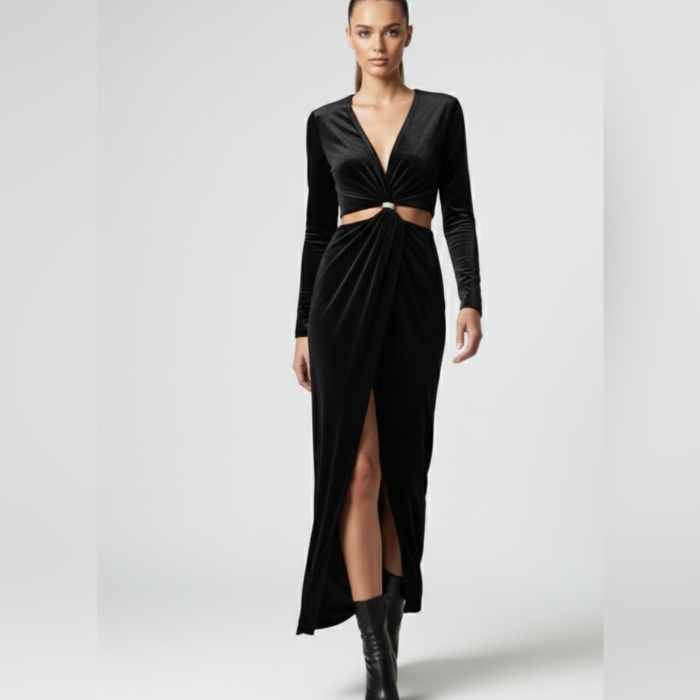 NWT Zara Black Velvet Cut-Out Maxi Dress - Size S